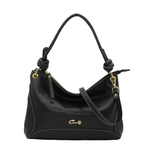Bolso Hobo Mediano en Piel Grabada con Nudos en el Asa - Negro