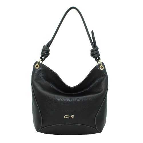 Bolso Hobo en Piel Grabada con detalle de Nudos en el Asa - Negro