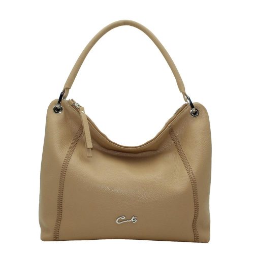 Bolso Hobo con Costuras Zigzag - Beige