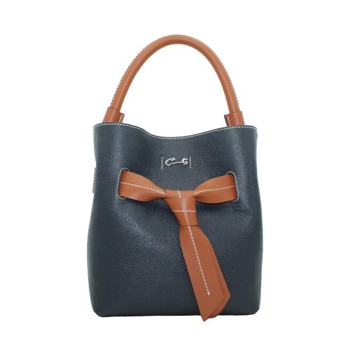 Bolso Hobo de Piel Granulada para Mujer - Azul Marino/Cuero
