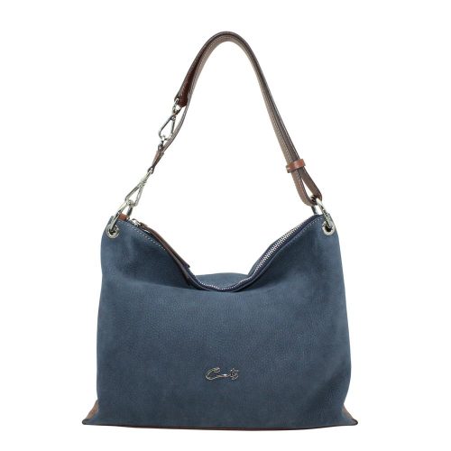 Bolso Hobo en Piel Nobuk Combinado - Azul Marino/Cuero