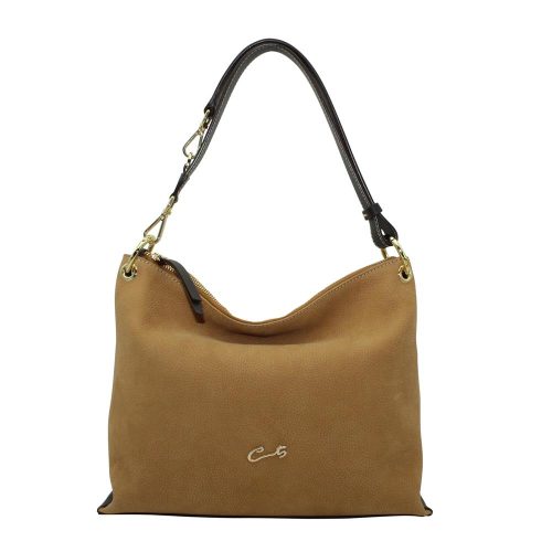 Bolso Hobo en Piel Nobuk Combinado - Cuero/Dark Marrón