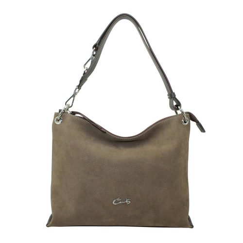 Bolso Hobo en Piel Nobuk Combinado - Taupe/Dark Marrón