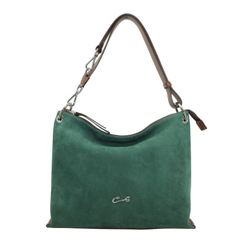 Bolso Hobo en Piel Nobuk Combinado - Verde/Cuero