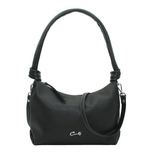 Bolso Hobo en Piel con Nudos en el Asa y Bandolera - Negro